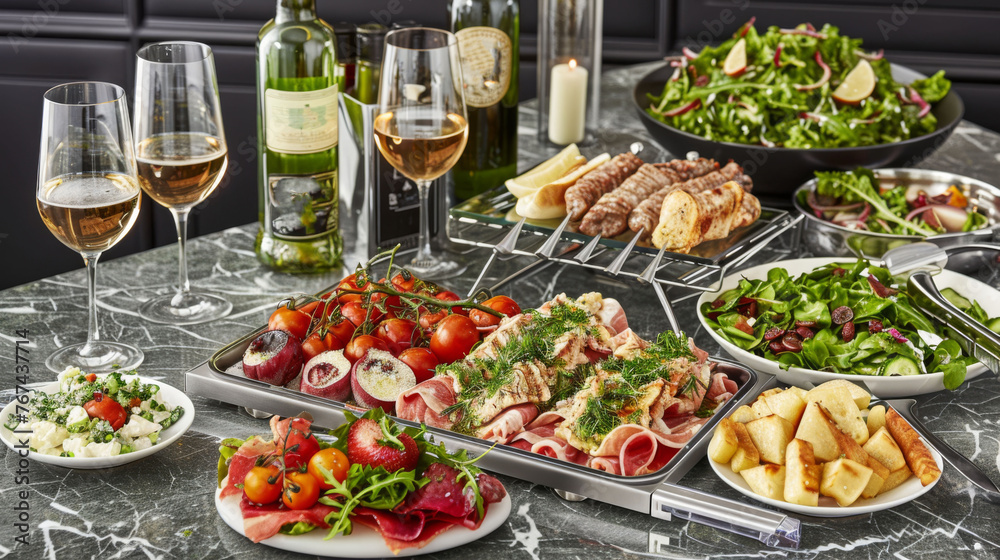  a table topped with plates of food next to wine glasses and plates of salads and salads on plates.