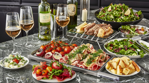  a table topped with plates of food next to wine glasses and plates of salads and salads on plates.