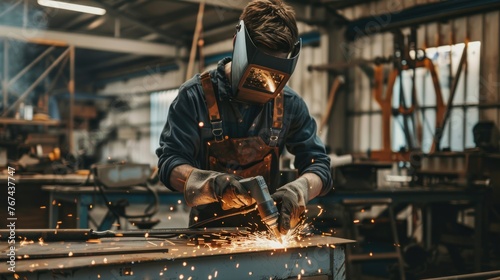 A worker or welder in protection mask brazing with burning sparks at metal factory. AI generated photo