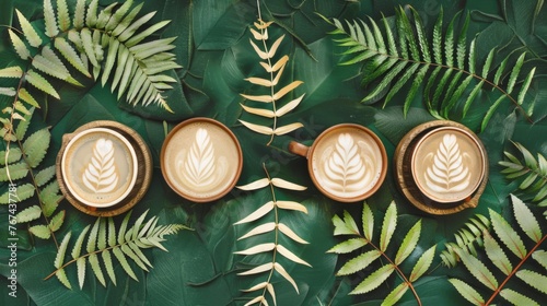  three cups of cappuccino sitting on top of a table surrounded by green leafy plants and leaves.