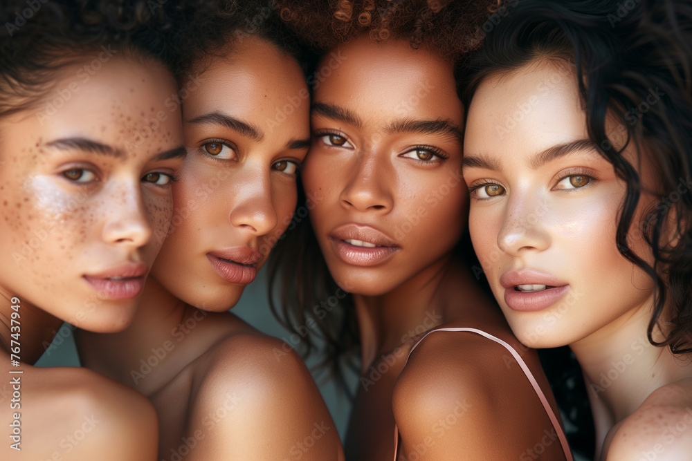 Portrait of a group of beautiful women with natural beauty and glowing smooth skin