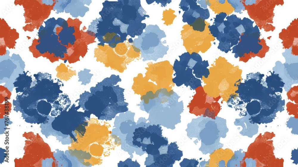  a pattern of blue, orange, and red paint splattered on a white surface with a white background.