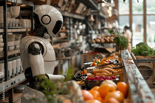 A futuristic robot with artificial intelligence, assisting in the kitchen and around the house, showcasing the convenience and innovation of smart home technology