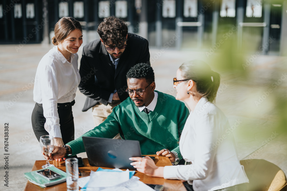 © qunica.com - Diverse team of business professionals discussing marketing strategies and profit growth while sitting at a coffee bar outdoors.