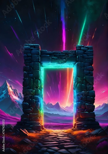 Title: "Neon Glow: Abstract Stone Gate Illuminates Dark Space Landscape - Futuristic, Surreal, Sci-fi Art

