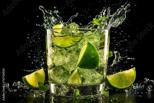Fresh summer caipirinha cocktail with splash on a black background, green fruit lime on table