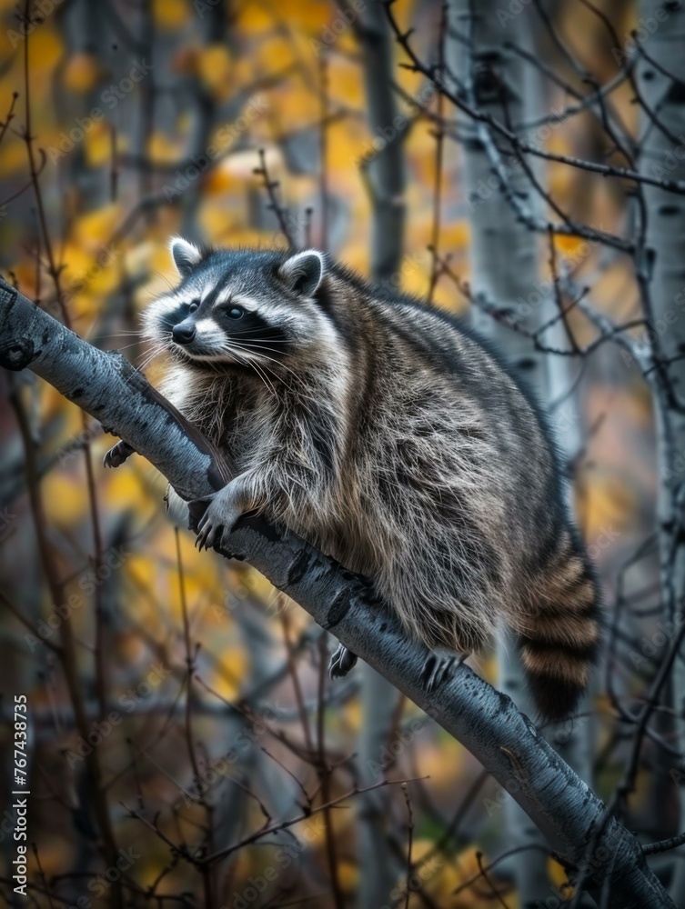 Fototapeta premium A raccoon is perched on a tree branch in the woods. Generative AI.