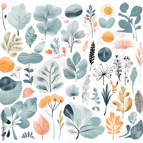 A collection of seamless pattern, colorful abstract plants and flowers. Hand drawn Collection of leaves and flowers. A close up of a pattern of flowers and leaves.
