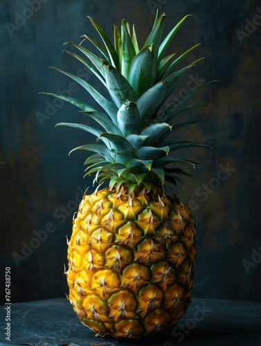 A pineapple is sitting on a table with its top cut off. Generative AI.