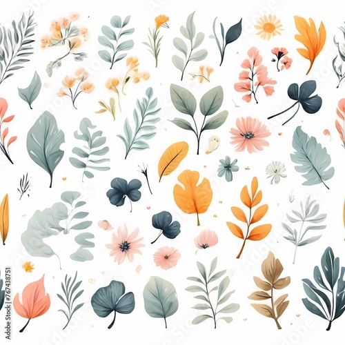 A collection of seamless pattern, colorful abstract plants and flowers. Hand drawn Collection of leaves and flowers. A close up of a pattern of flowers and leaves.
