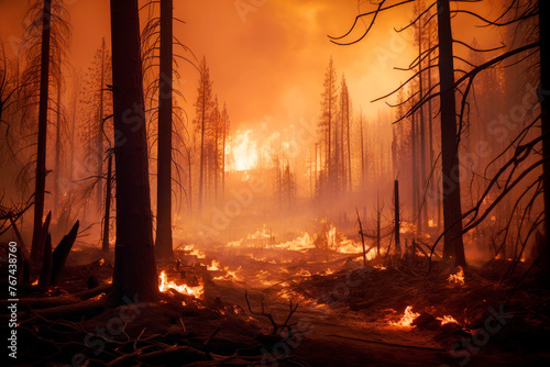 Forest fire disaster, trees burning at night. Wildfire nature destruction. Generative AI