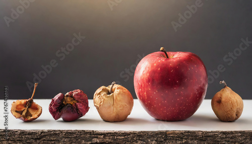 Aging Process as new fresh ripe red apple decomposing and getting old and wrinkled as a biological maturation. photo