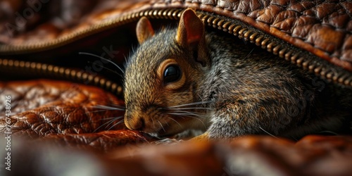 A close up of a squirrel inside the zipper on an open bag. Generative AI.