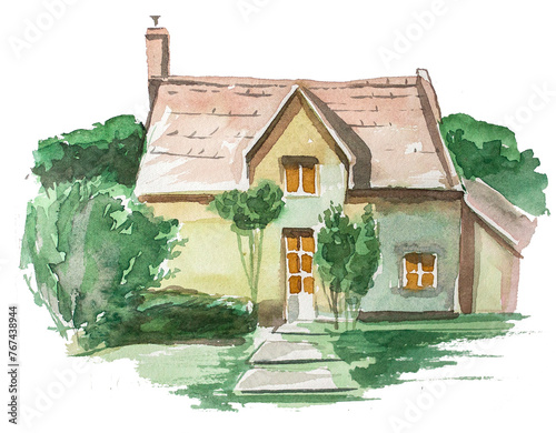 House isolated on white. Watercolor home painting. 