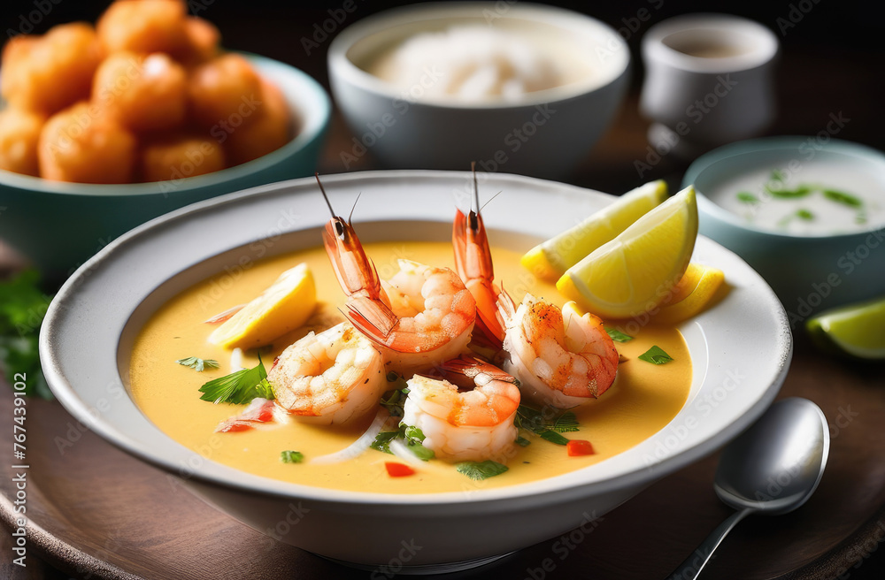 coconut shrimp soup on wooden table. taste of tropical vacation, exotic culinary, evoking sense of luxury and relaxation in food blogs, travel magazines, social media posts coconut shrimp soup on wooden table. taste of tropical vacation, exotic culinary, evoking sense of luxury and relaxation in food blogs, travel magazines, social media posts