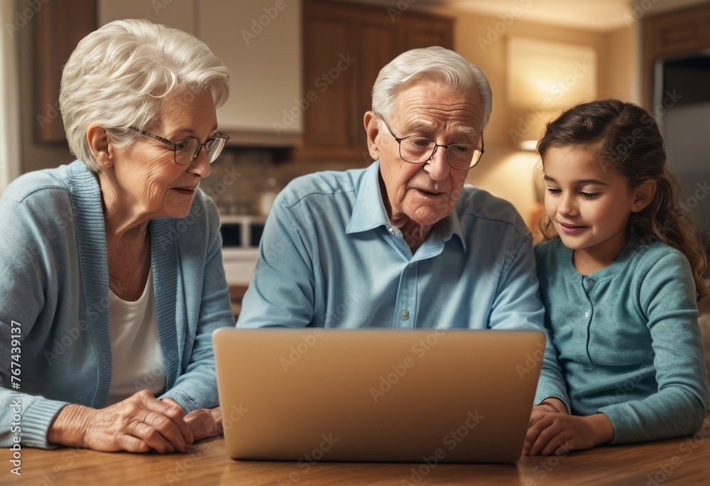 A senior couple and a young girl learn to use a computer, bridging the generation gap with technology.