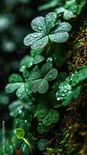 A close up of a bunch of green leaves with rain drops on them. Generative AI.