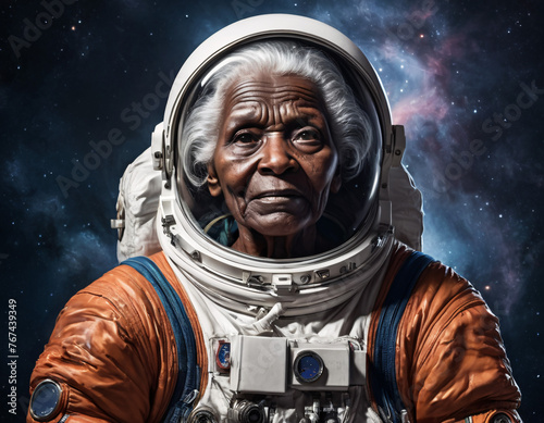 AI generated. Portrait of an elderly African American woman wearing an astronaut costume. 