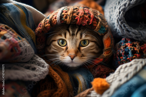 domestic cat under layers of colorful warm knitted scarves and woolen clothing. warmth and comfort in the house. pets photo