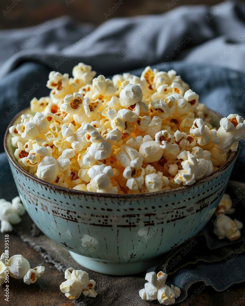 A bowl of popcorn on a table with some spilled out. Generative AI. A bowl of popcorn on a table with some spilled out. Generative AI.