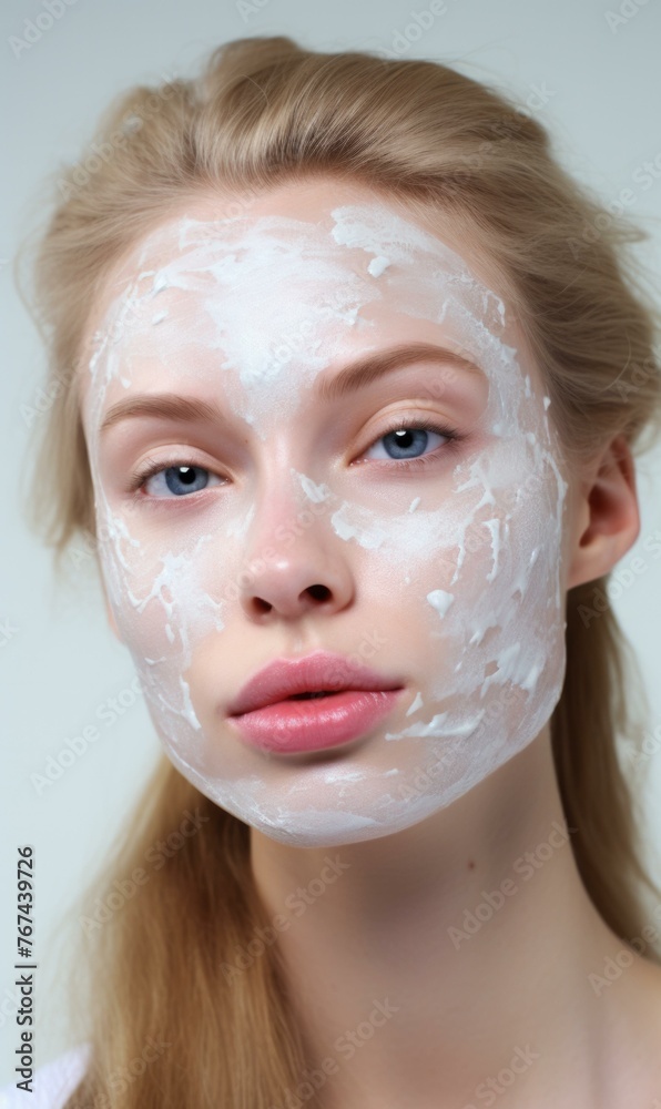 A woman with a face full of white cream on her. Generative AI. A woman with a face full of white cream on her. Generative AI.