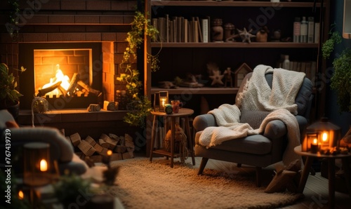 A living room with a fireplace and chairs in front of it. Generative AI. © serg3d