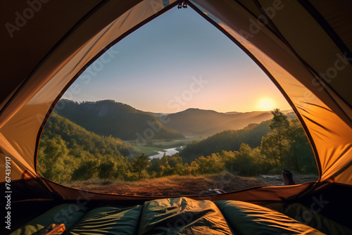 The door tent view lookout camping in the morning. Glamping camping teepee tent