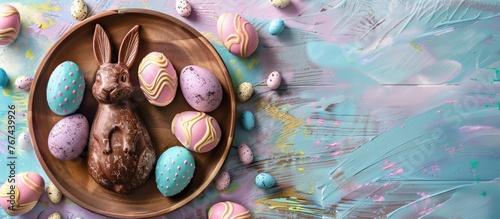 Easter eggs and a bunny made of chocolate on a colorful wooden plate.