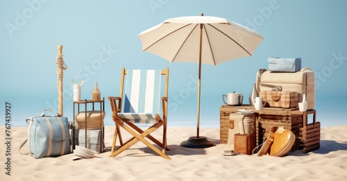 A beach scene with a chair, umbrella and luggage on the sand. Generative AI. photo