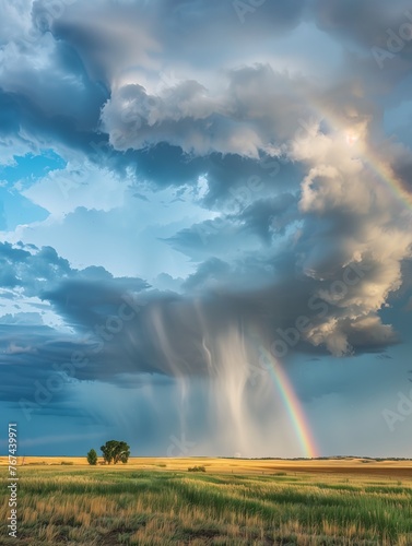 Un árbol solitario se alza desafiante bajo el drama de los cielos, donde una cascada de lluvia pinta el horizonte, y un arcoíris emerge con gracia, como una pincelada etérea en un vasto lienzo. © Amigos.Flipado