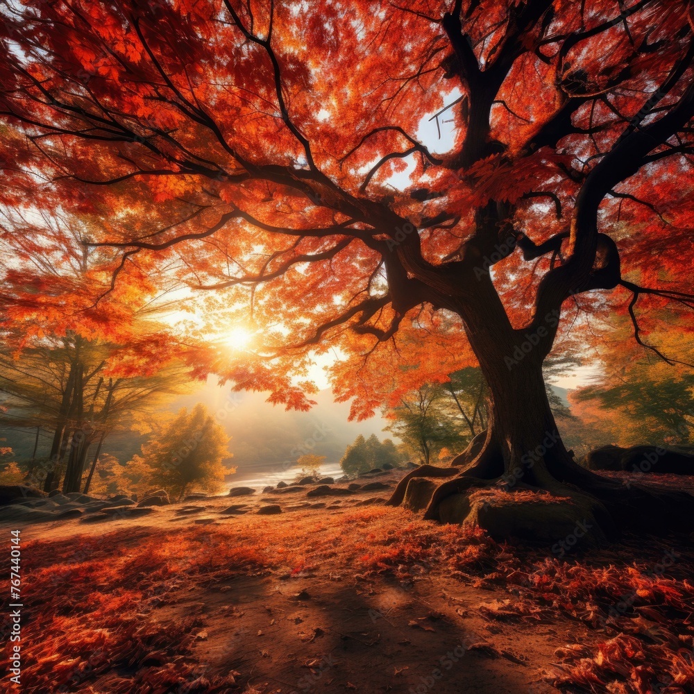 Fototapeta premium A tree with leaves on the ground and a sun shining through. Generative AI.