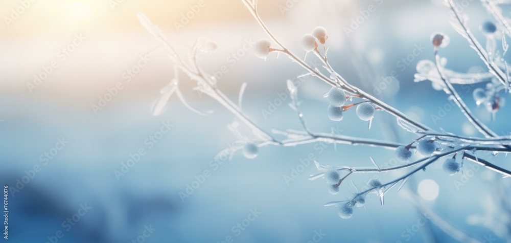 A close up of a branch with frost on it. Generative AI.