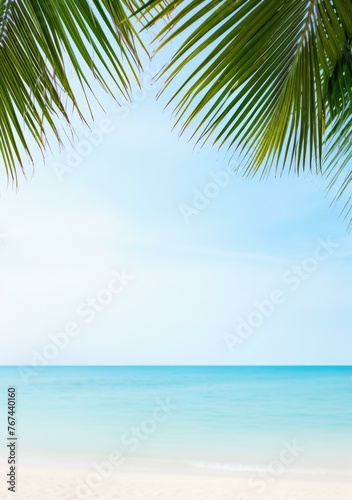 A beach scene with a palm tree and the ocean. Generative AI. © serg3d