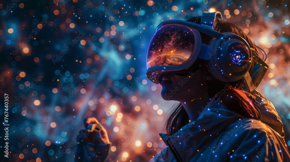 A woman wearing a virtual reality headset is looking at a starry sky. Concept of wonder and curiosity about the vastness of the universe A woman wearing a virtual reality headset is looking at a starry sky. Concept of wonder and curiosity about the vastness of the universe