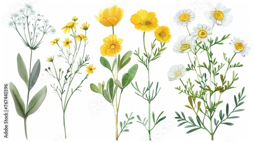 Watercolor clipart set of meadow botanical flowers - yellow tansy, buttercup, white stellaria