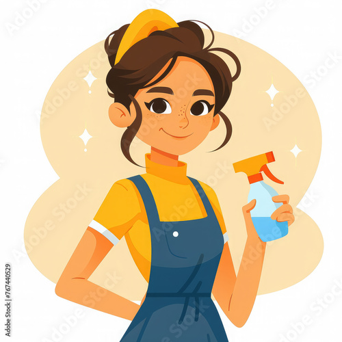 cleaning lady with detergent in a spray bottle in her hands on a white background, illustration, logo, home, cleanliness, lifestyle, portrait, woman, girl, professional, service, worker, house help