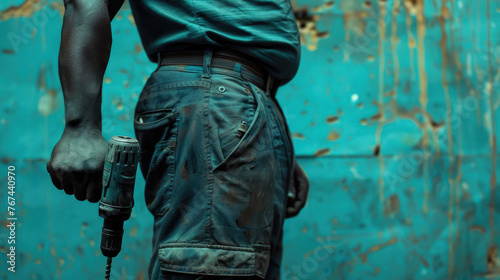 a worker holds a drill in his hands, drills a wall, construction, builder, house, architecture, background, concrete, man, hands, tools