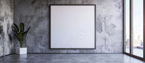 Square-oriented blank picture frame mockup on a wall as part of an interior design artwork template.