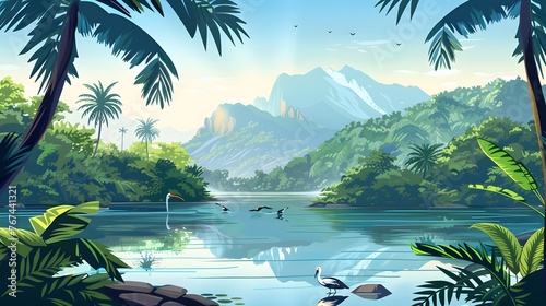 vector illustration of tropical lake with mountains, trees and ibis in jungle rainforest wetland
 photo