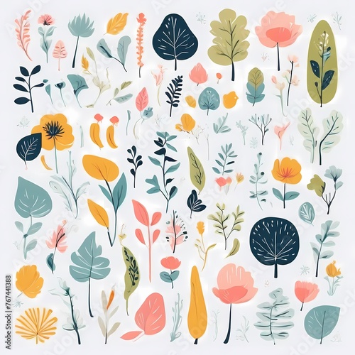 A collection of seamless pattern, colorful abstract plants and flowers. Hand drawn Collection of leaves and flowers. A close up of a pattern of flowers and leaves.
