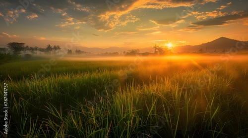 Landscape golden hour at Field of grass during sunrise.