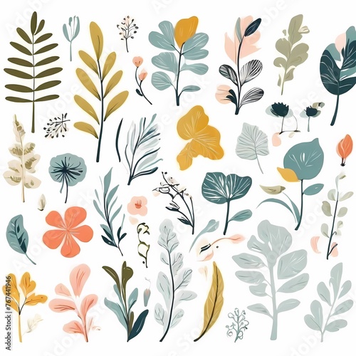 A collection of seamless pattern, colorful abstract plants and flowers. Hand drawn Collection of leaves and flowers. A close up of a pattern of flowers and leaves.

