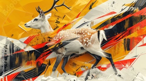 Dynamic deer leap on abstract orange backdrop: majestic deer captured in mid-jump against a vibrant, abstract orange background with modern artistic elements photo