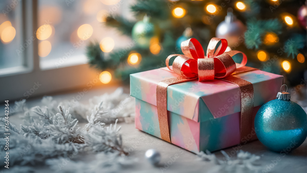 gift box, Christmas tree branch, balls design