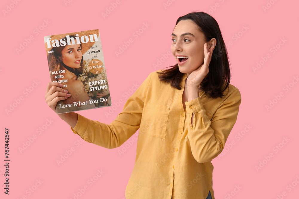Beautiful woman with fashion magazine on pink background Beautiful woman with fashion magazine on pink background