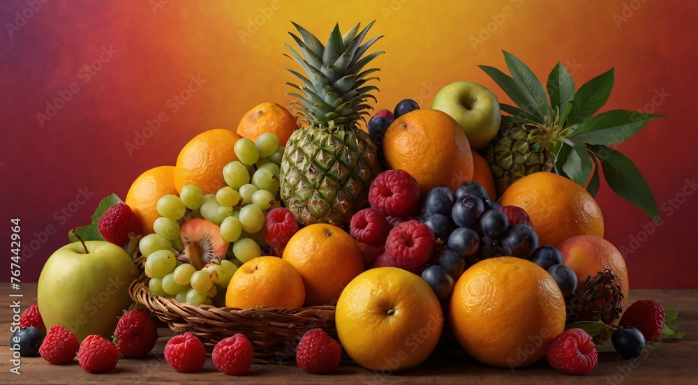 Generate an image of a cornucopia overflowing with assorted fresh fruits against a vibrant, multicolored background. Ensure the fruits are depicted in vivid, natural hues, emphasizing their nutritiona Generate an image of a cornucopia overflowing with assorted fresh fruits against a vibrant, multicolored background. Ensure the fruits are depicted in vivid, natural hues, emphasizing their nutritiona