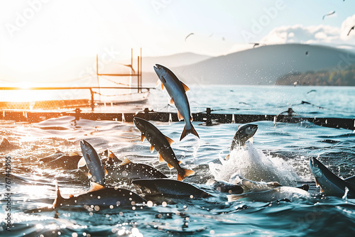 Salmon fishes jumping from the water on salmon fish farm in ocean with round floating fish cages. Fish farming concept photo