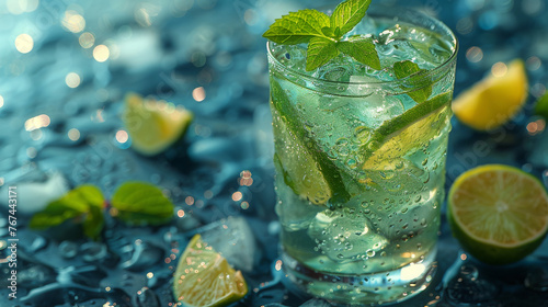 A Mojito Coctail With Lime Wedges And Mint On Wet Surface