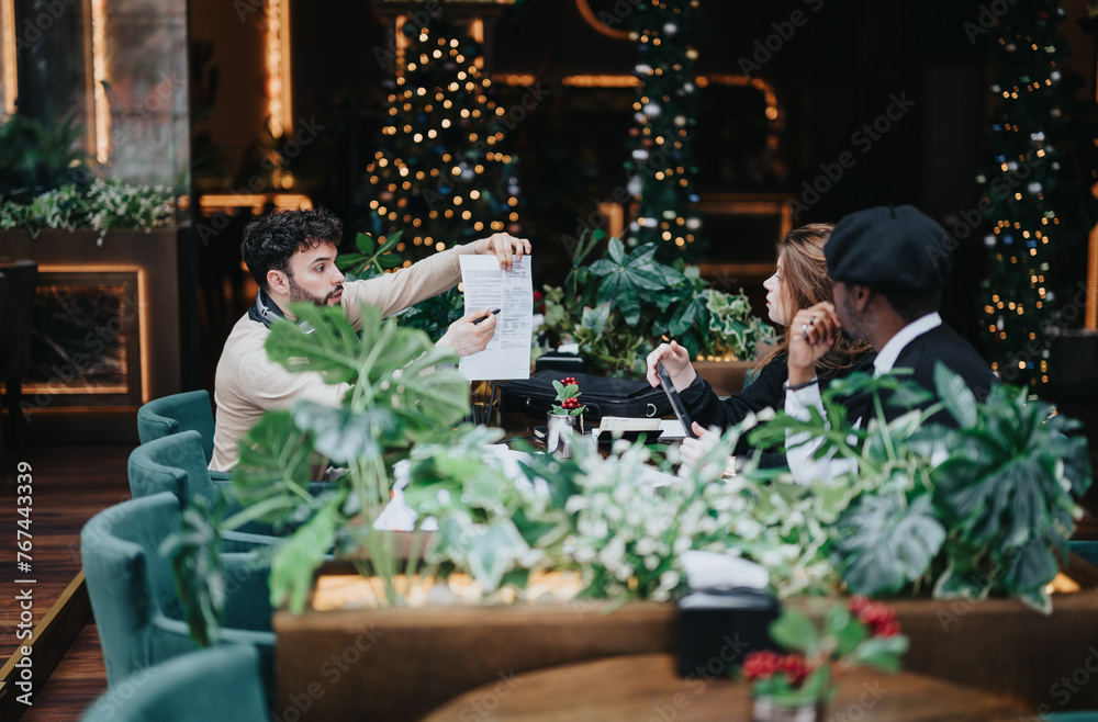 Team of creative people engaged in a business discussion at a cafe decorated for Christmas, reviewing paperwork together.