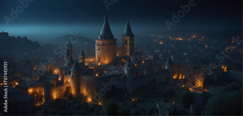 Magical dark fairy tale night in the an old house with towers at night with glowing lights and fog and flying particles. © DenisART